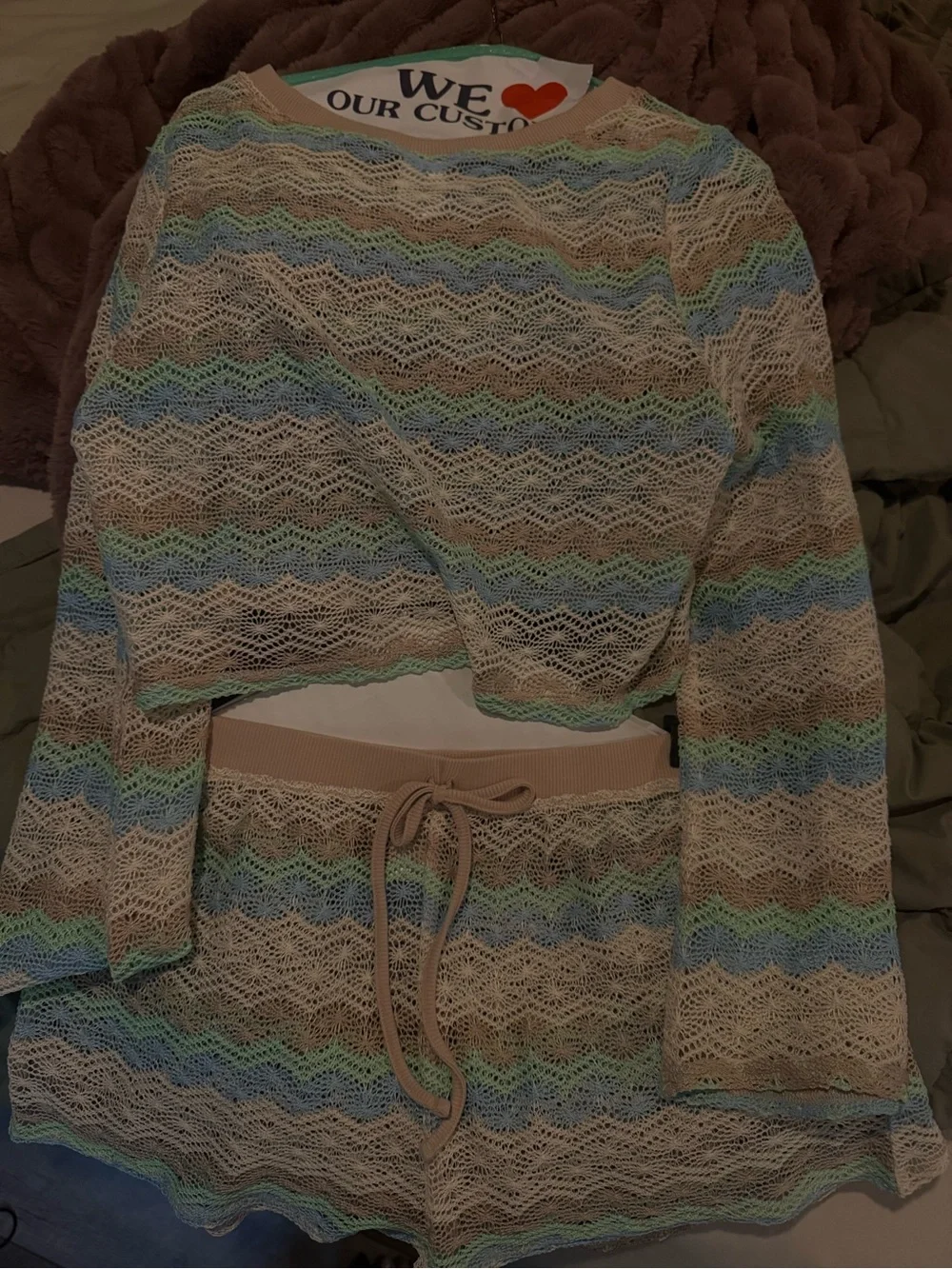 wild fable Beige Crochet Knit Sweater & Shorts Set with Blue and Green Stripes